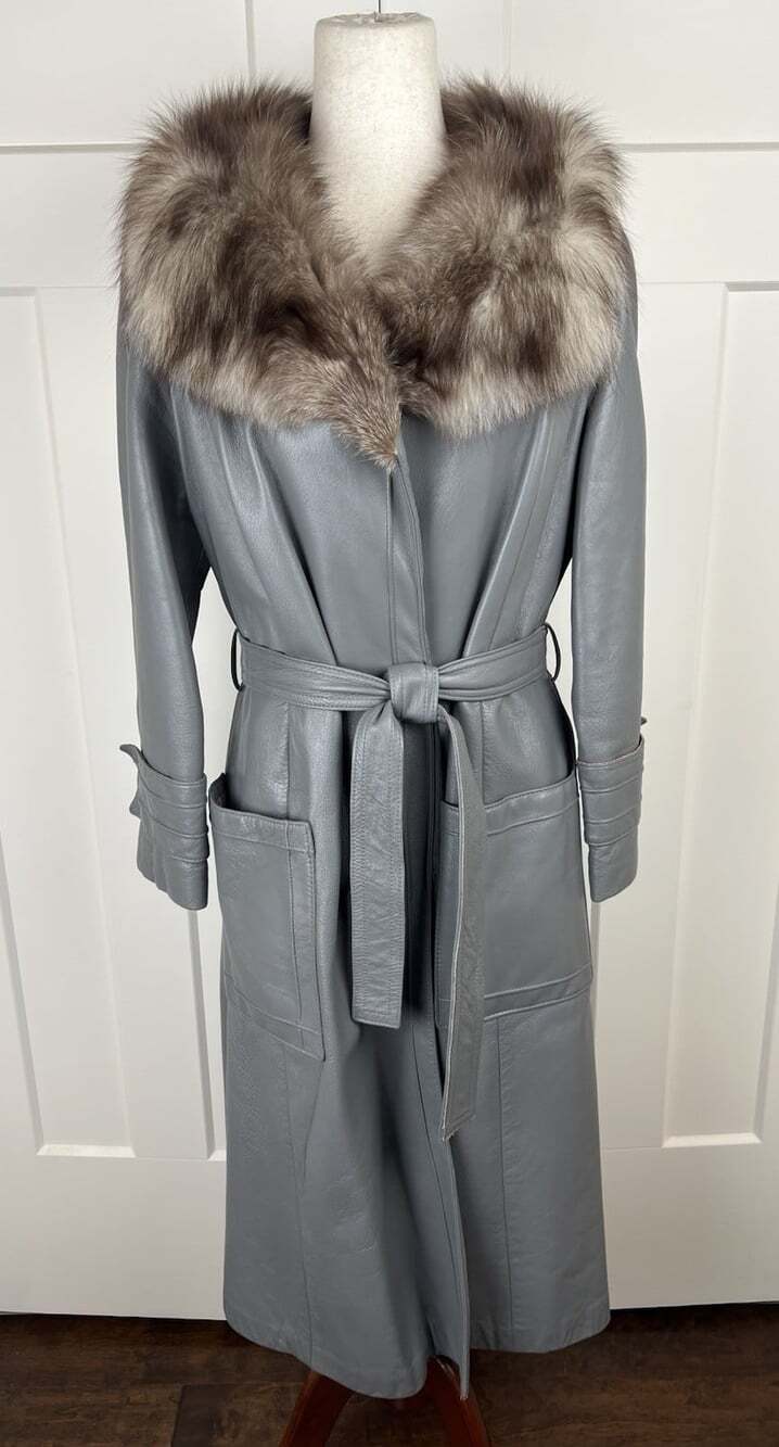 Vintage 24K Dan Di Modes Leather Genuine Fur Collar Belted Long Coat Union Made